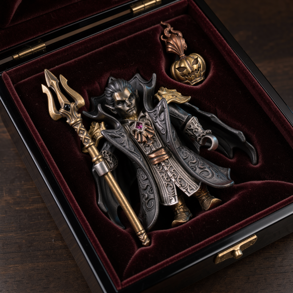 Carved pumpkin head next to Dracula in a velvet case